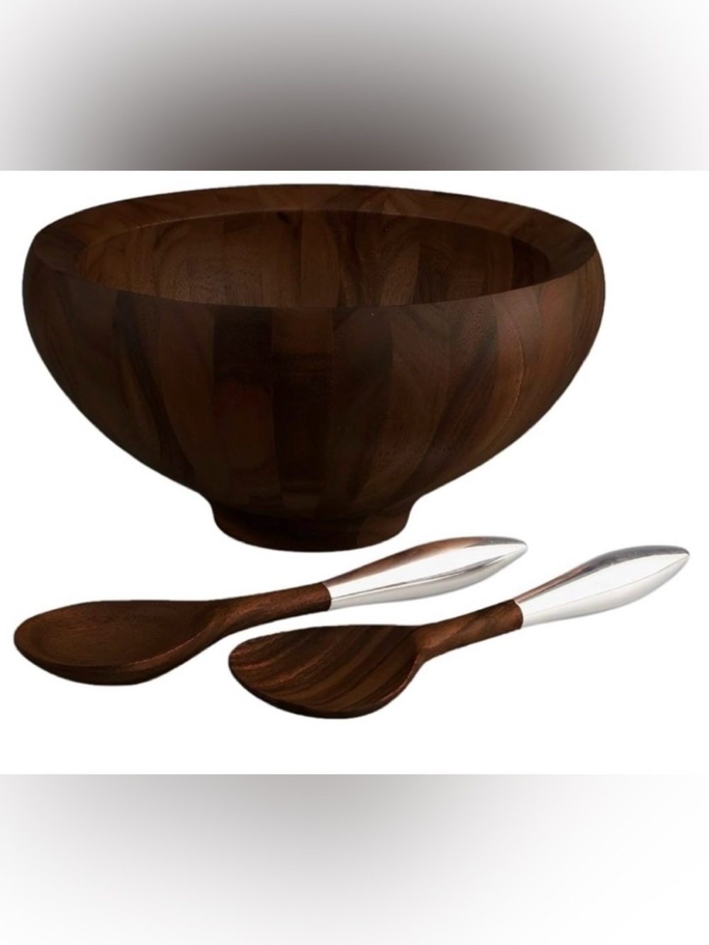 NIB Nambe Yaro Acacia Wood Salad Bowl with 2 Salad Servers in Dark Espresso